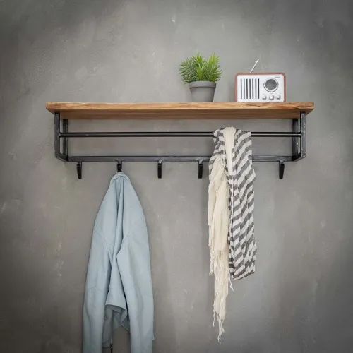 Wandgarderobe Garderobenpaneel Kes mit Hutablage & 6 Haken | Akazie massiv