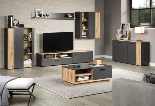 Wohnkombination Esteban | Anthrazit / Coast Evoke Oak | 4-teilig 3er Set LED Unterbauspot