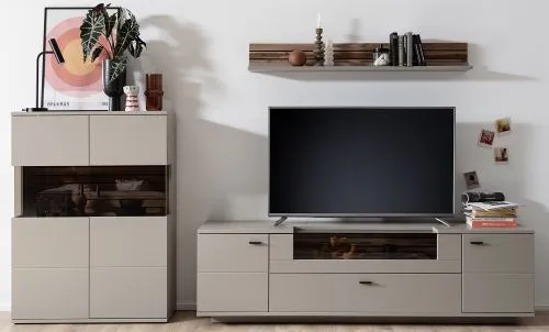 Wohnkombination Lüttich 2 | Basalt / Wotan Eiche | 3-teilig | Highboard & Wandboard mit Bandbeleuchtung