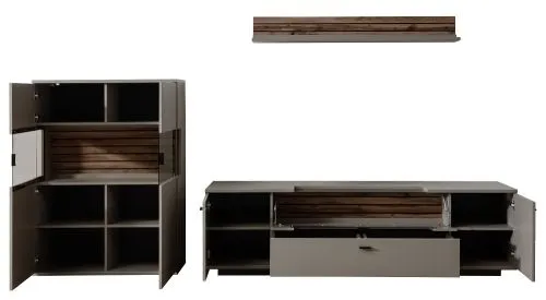 Wohnkombination Lüttich 2 | Basalt / Wotan Eiche | 3-teilig | Highboard & Wandboard mit Bandbeleuchtung