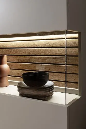 Wohnkombination Lüttich 2 | Basalt / Wotan Eiche | 3-teilig | Highboard & Wandboard mit Bandbeleuchtung