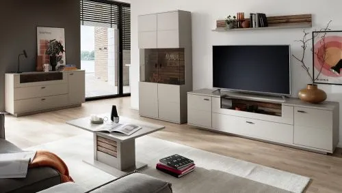 Wohnkombination Lüttich 3 | Basalt / Wotan Eiche | 3-teilig | TV-Board & Wandboard mit Bandbeleuchtung