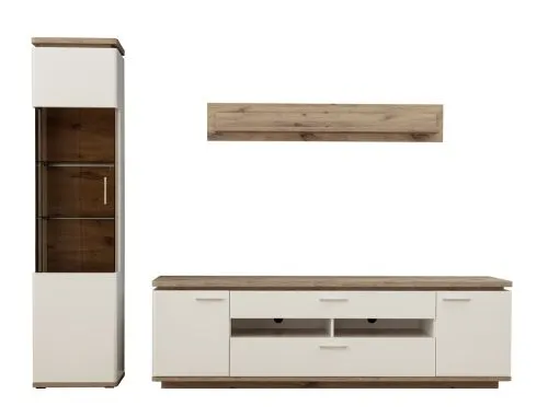 Wohnkombination Palermo 2 | Soft white / Viking Oak | 3-teilig | mit 2er Set 45 cm Beleuchtung
