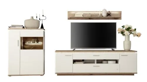 Wohnkombination Palermo 3 | Soft white / Viking Oak | 3-teilig | mit 45 cm Beleuchtung