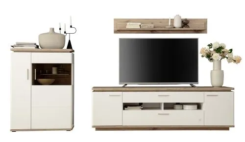 Wohnkombination Palermo 3 | Soft white / Viking Oak | 3-teilig | mit 45 cm Beleuchtung