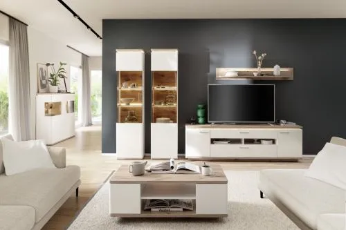 Wohnkombination Palermo 4 | Soft white / Viking Oak | 4-teilig | mit 135 cm Beleuchtung