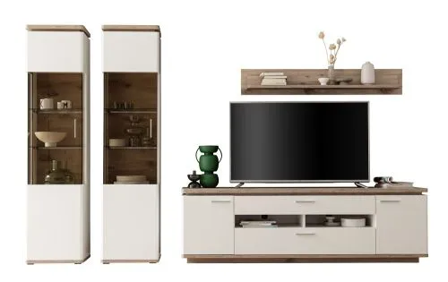 Wohnkombination Palermo 4 | Soft white / Viking Oak | 4-teilig | mit 135 cm Beleuchtung