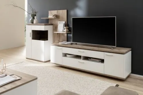 Wohnkombination Palermo | Soft white / Viking Oak | 3-teilig | mit Beleuchtung