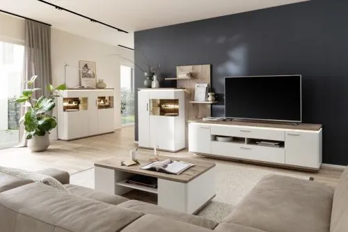 Wohnkombination Palermo | Soft white / Viking Oak | 3-teilig | mit Beleuchtung