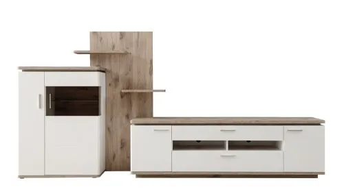 Wohnkombination Palermo | Soft white / Viking Oak | 3-teilig | mit Beleuchtung