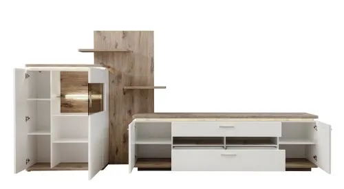 Wohnkombination Palermo | Soft white / Viking Oak | 3-teilig | mit Beleuchtung