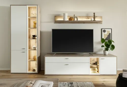 Wohnkombination Santerno 1 | Soft white / Viking Oak | 3-teilig | LED Beleuchtung