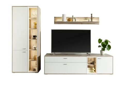 Wohnkombination Santerno 1 | Soft white / Viking Oak | 3-teilig | LED Beleuchtung
