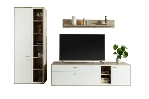 Wohnkombination Santerno 1 | Soft white / Viking Oak | 3-teilig | LED Beleuchtung