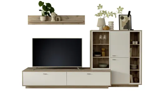 Wohnkombination Santerno 2 | Soft white / Viking Oak | 3-teilig | mit 125 cm Beleuchtung