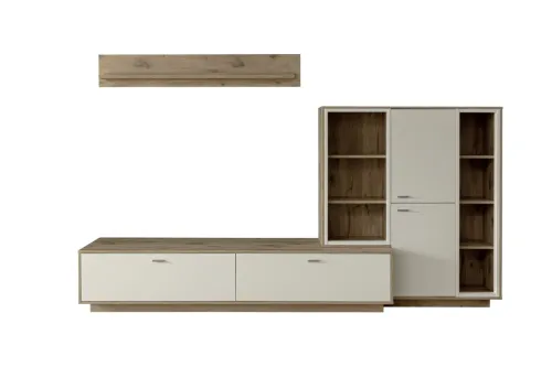 Wohnkombination Santerno 2 | Soft white / Viking Oak | 3-teilig | mit 135 cm Beleuchtung