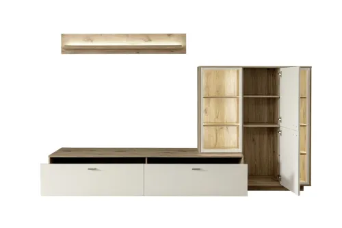 Wohnkombination Santerno 2 | Soft white / Viking Oak | 3-teilig | mit 135 cm Beleuchtung