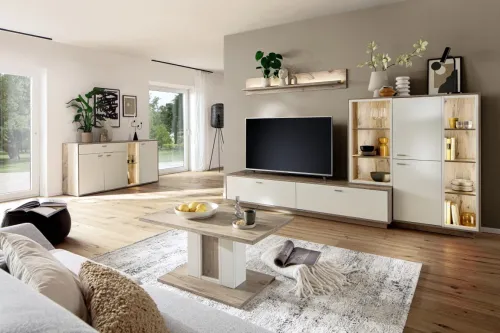Wohnkombination Santerno 2 | Soft white / Viking Oak | 3-teilig | mit 85 cm Beleuchtung