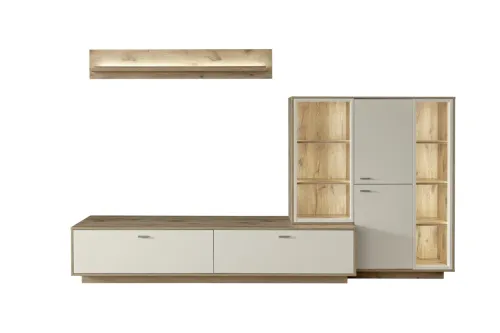 Wohnkombination Santerno 2 | Soft white / Viking Oak | 3-teilig | mit 85 cm Beleuchtung