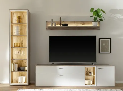 Wohnkombination Santerno | Soft white / Viking Oak | 3-teilig | mit 190 cm Beleuchtung
