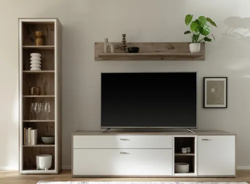 Wohnkombination Santerno | Soft white / Viking Oak | 3-teilig | mit 190 cm Beleuchtung