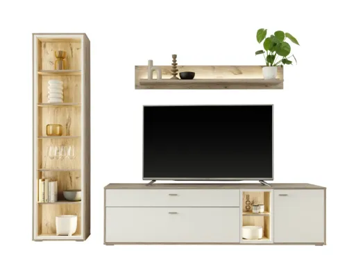 Wohnkombination Santerno | Soft white / Viking Oak | 3-teilig | mit 190 cm Beleuchtung