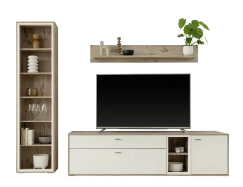 Wohnkombination Santerno | Soft white / Viking Oak | 3-teilig | mit 190 cm Beleuchtung