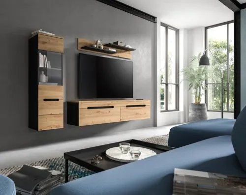 Wohnwand Anbauwand Canu | 2-teilig | Artisan / Basalt Grau mit Beleuchtung