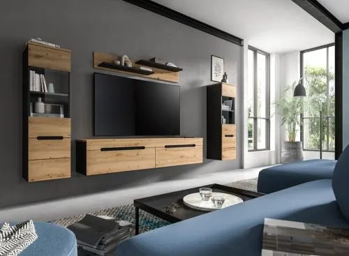 Wohnwand Anbauwand Canu | 3-teilig | Artisan / Basalt Grau | mit Beleuchtung