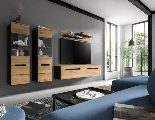 Wohnwand Anbauwand Canu | 3-teilig | Artisan / Basalt Grau | mit Beleuchtung