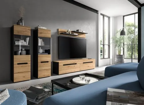 Wohnwand Anbauwand Canu | 3-teilig | Artisan / Basalt Grau | mit Beleuchtung