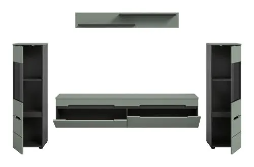 Wohnwand Anbauwand Canu | 3-teilig | Smoke Green / Basalt Grau | mit Beleuchtung