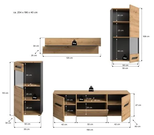 Wohnwand Anbauwand Caserta | 4-teilig | Artisan Eiche / Basalt grau | LED Beleuchtung
