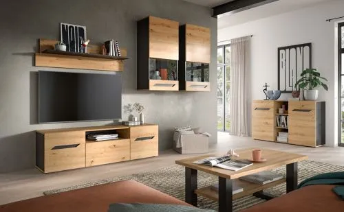 Wohnwand Anbauwand Caserta | 4-teilig | Artisan Eiche / Basalt grau | LED Beleuchtung