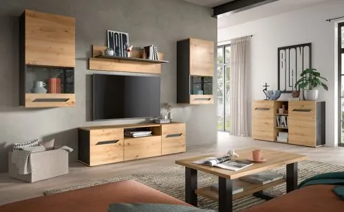 Wohnwand Anbauwand Caserta | 4-teilig | Artisan Eiche / Basalt grau | LED Beleuchtung