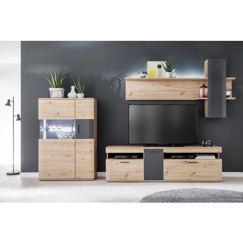 Wohnwand Anbauwand Cortona 2 | Balkeneiche / anthrazit | 3-teilig | LED Beleuchtung