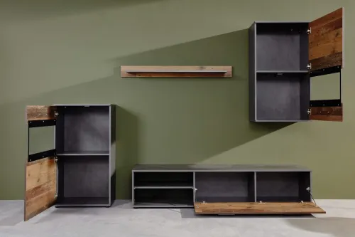 Wohnwand Anbauwand Mango | Old Used Wood / Matera grau | 4-teilig