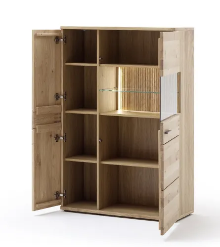 Wohnwand Anbauwand Salvador 1 | Balkeneiche Bianco | 4-teilig | LED Beleuchtung Highboard mit 2er Set LED Bandbeleuchtung 30 cm Wandboard mit 1er Set LED Bandbeleuchtung 165 cm Vitrine ohne Beleuchtung