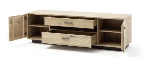 Wohnwand Anbauwand Salvador 1 | Balkeneiche Bianco | 4-teilig | LED Beleuchtung Highboard mit 2er Set LED Bandbeleuchtung 30 cm Wandboard mit 1er Set LED Bandbeleuchtung 165 cm Vitrine ohne Beleuchtung