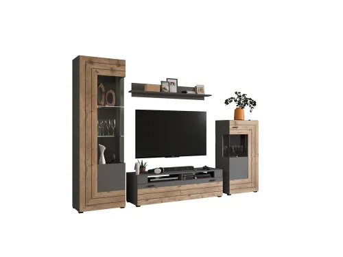 Wohnwand Freno | grau matt / Nox Oak | 4-teilig