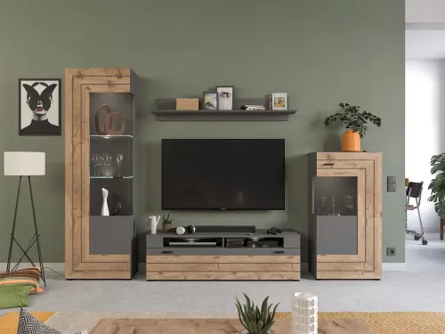 Wohnwand Freno | grau matt / Nox Oak | 4-teilig | LED Beleuchtung