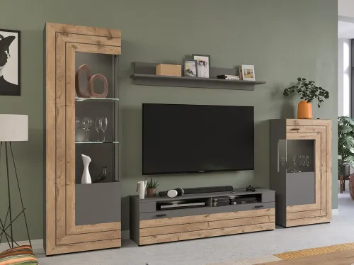 Wohnwand Freno | grau matt / Nox Oak | 4-teilig | LED Beleuchtung