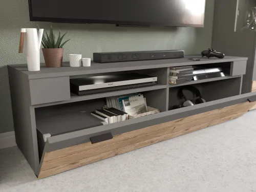 Wohnwand Freno | grau matt / Nox Oak | 4-teilig | LED Beleuchtung