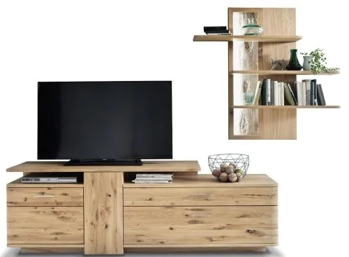 Wohnwand Wohnkombination Santori | Eiche Bianco | 2-teilig | LED Beleuchtung